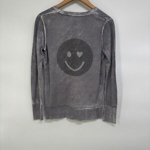 Cecil Women Grey Acid Wash 3D Smiley Face Cotton Cardigan Sweater S Y2K Grunge
